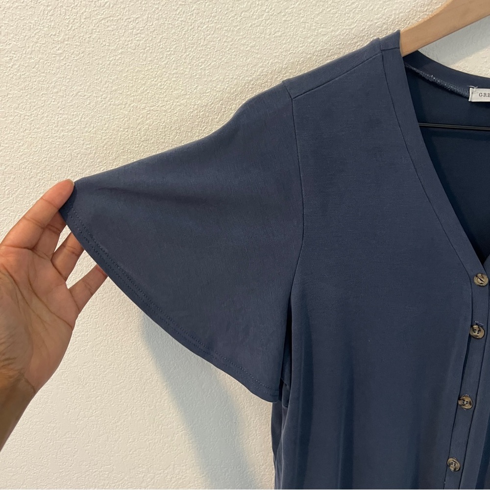 Green Envelop Soft Modal Blue V Neck Button Front Flutter Sleeve Popover Top - Picture 3 of 10